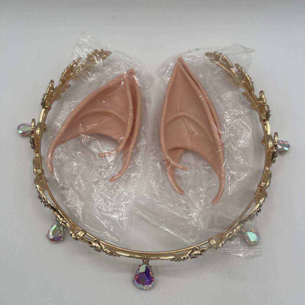 Gold Elf Fairy Tiara with Iridescent Gem & 4 Elf Ears Halloween Cosplay Princess - Picture 6 of 12